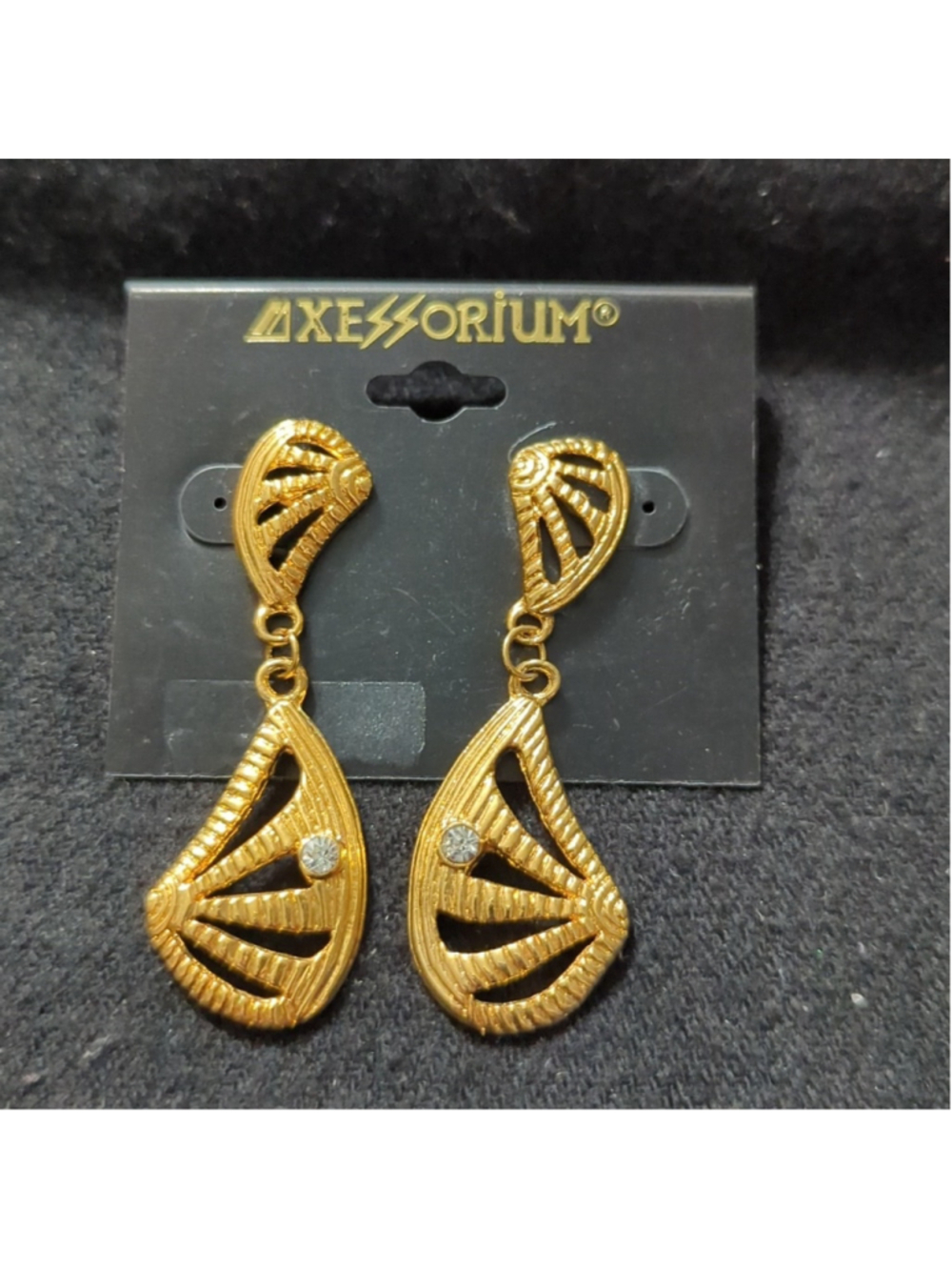 Vintage Axessorium Gold Tone Clear Rhinestone Shell Shape Statement Earrings